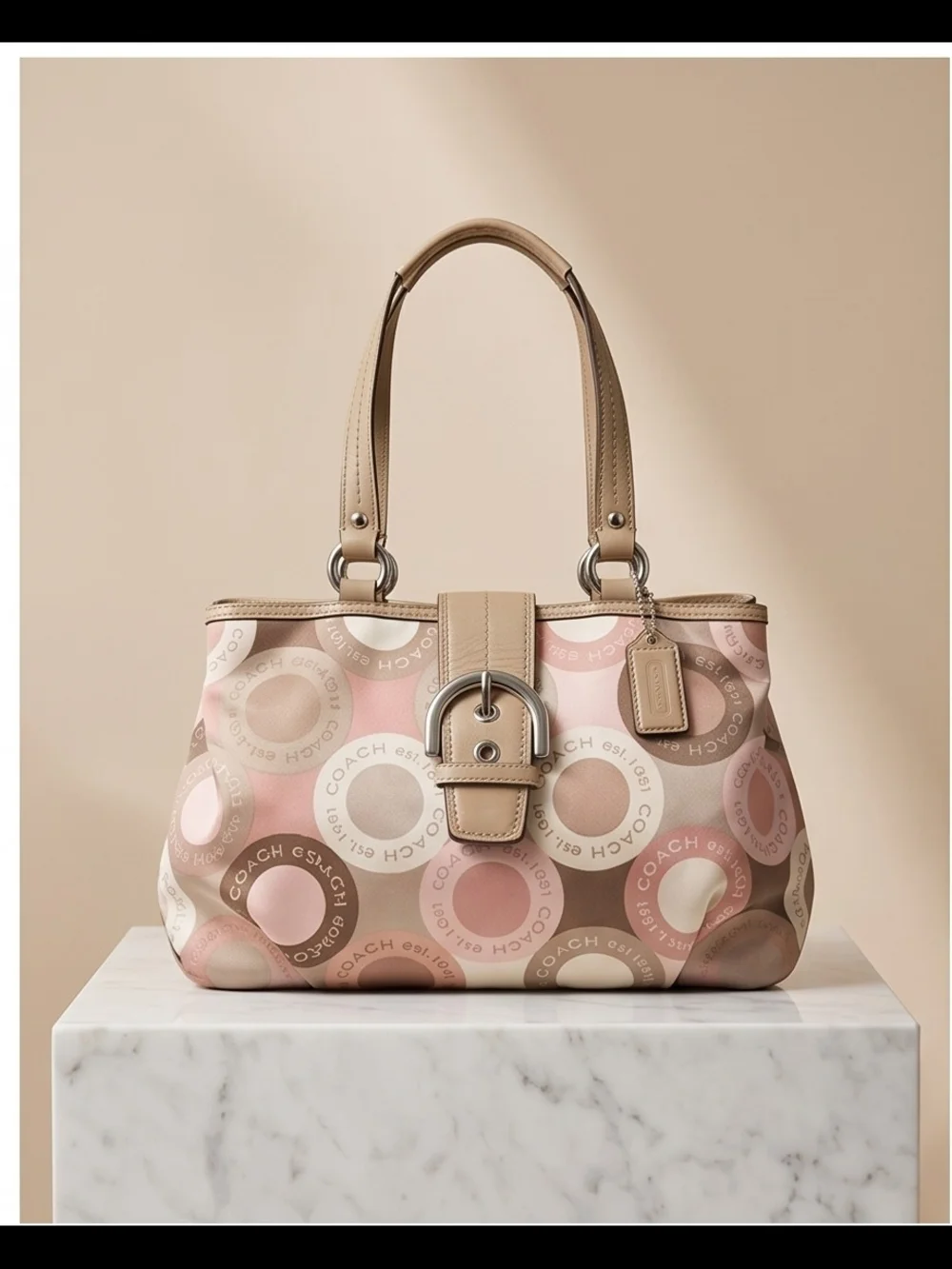 Coach Soho 2011 Beige and Pink Circle-Print Leather-Trim Shoulder Bag - Picture 1 of 14